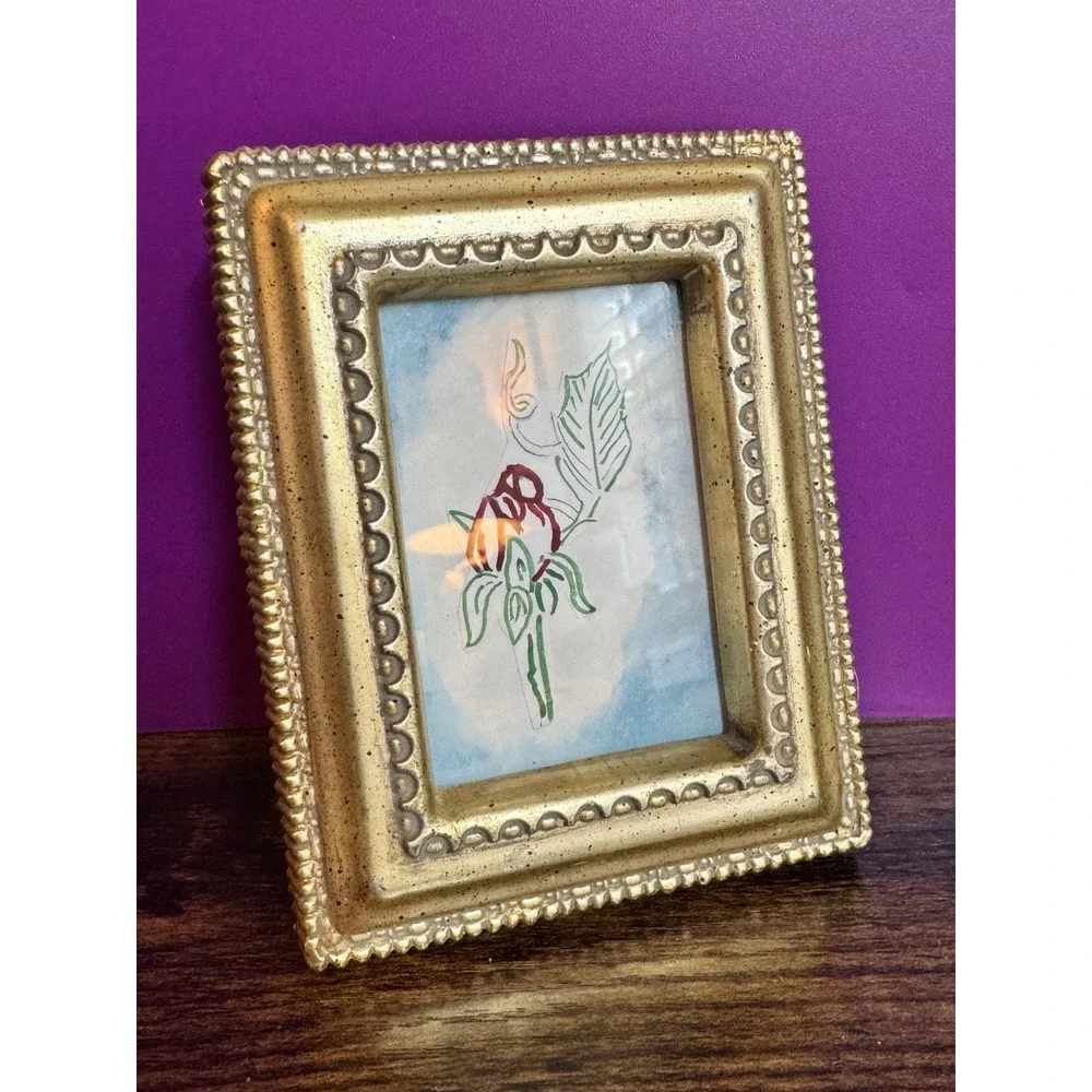 Vintage Ornate Gold Miniature Picture Frame with Hand Drawn Rose Art Watercolor